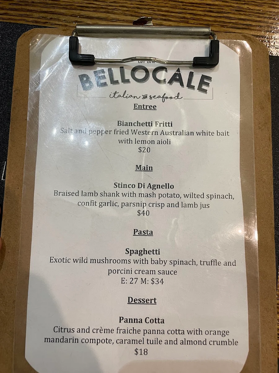 Menu, Bellocale Italian Seafood Restaurant