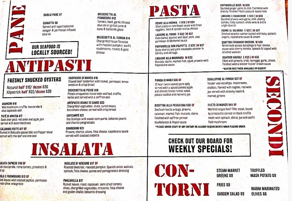Menu, Bellocale Italian Seafood Restaurant