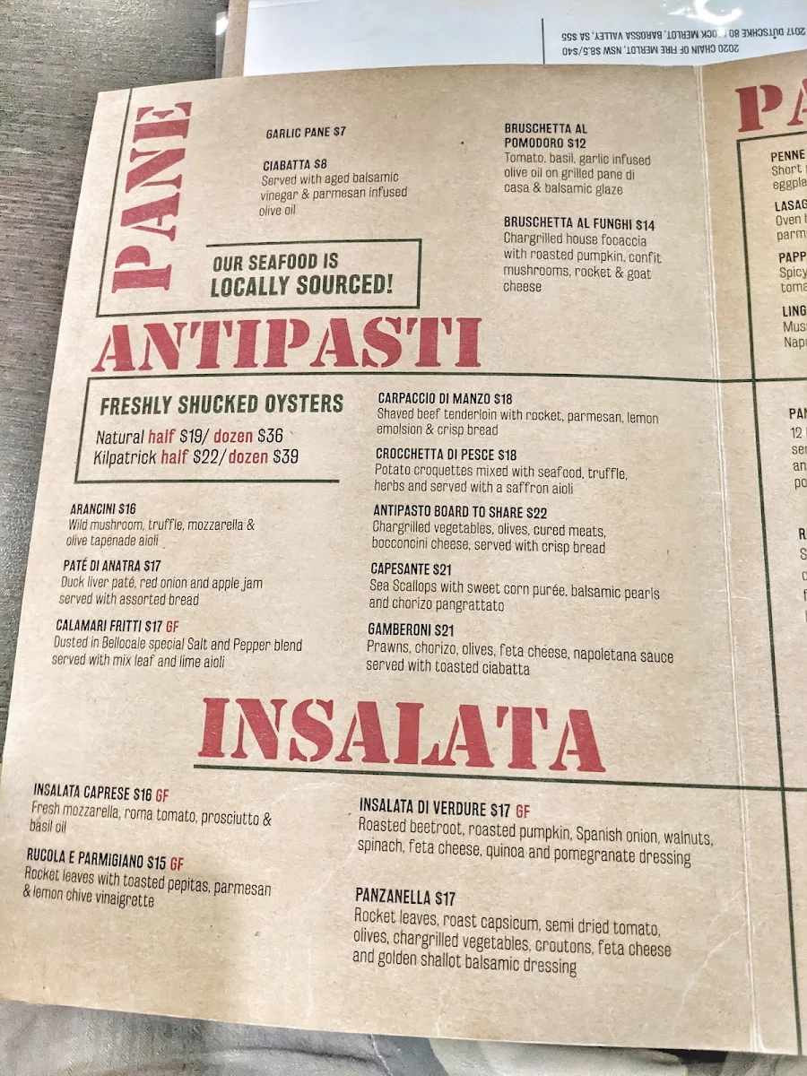 Menu, Bellocale Italian Seafood Restaurant