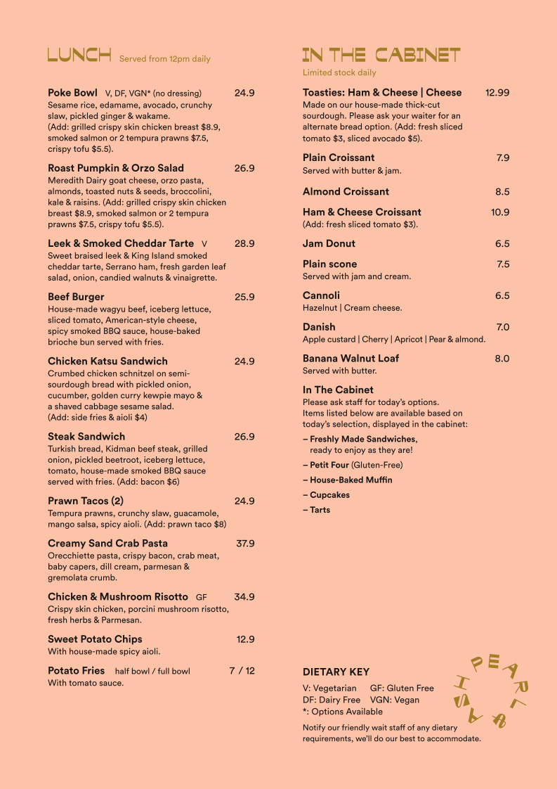 Menu, Pearl & Ash Cafe