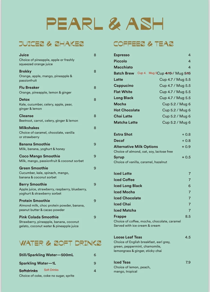 Menu, Pearl & Ash Cafe