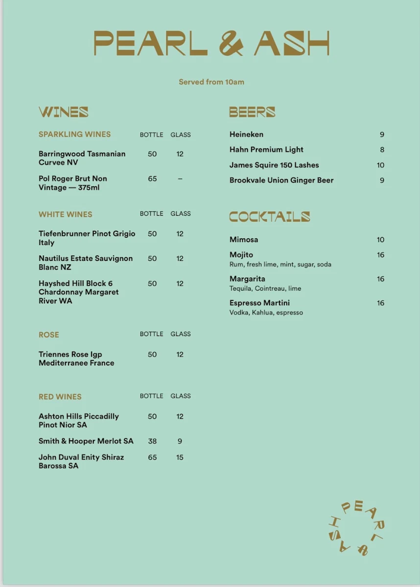 Menu, Pearl & Ash Cafe