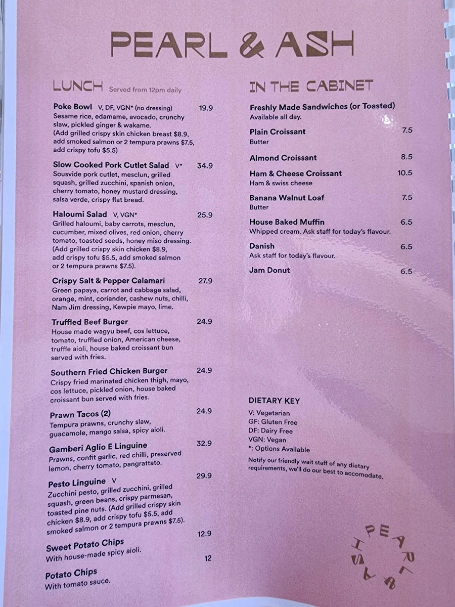 Menu, Pearl & Ash Cafe