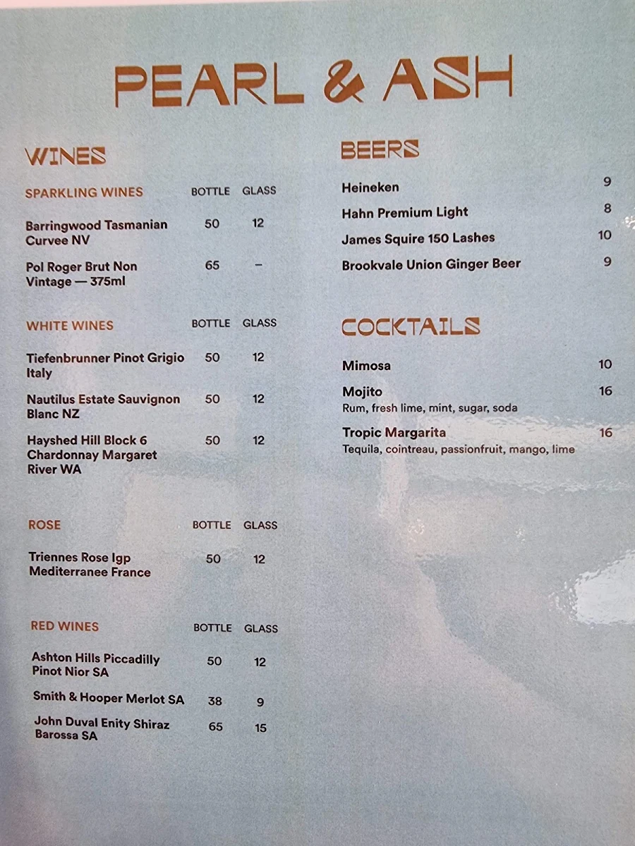 Menu, Pearl & Ash Cafe