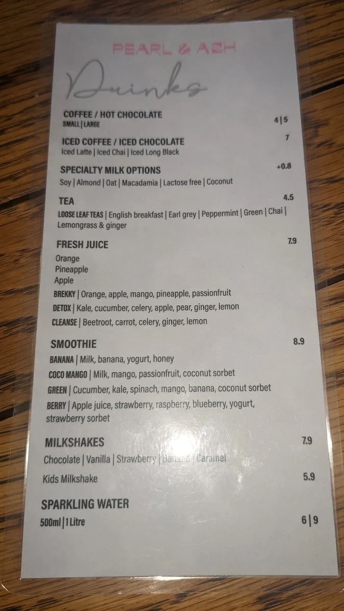 Menu, Pearl & Ash Cafe