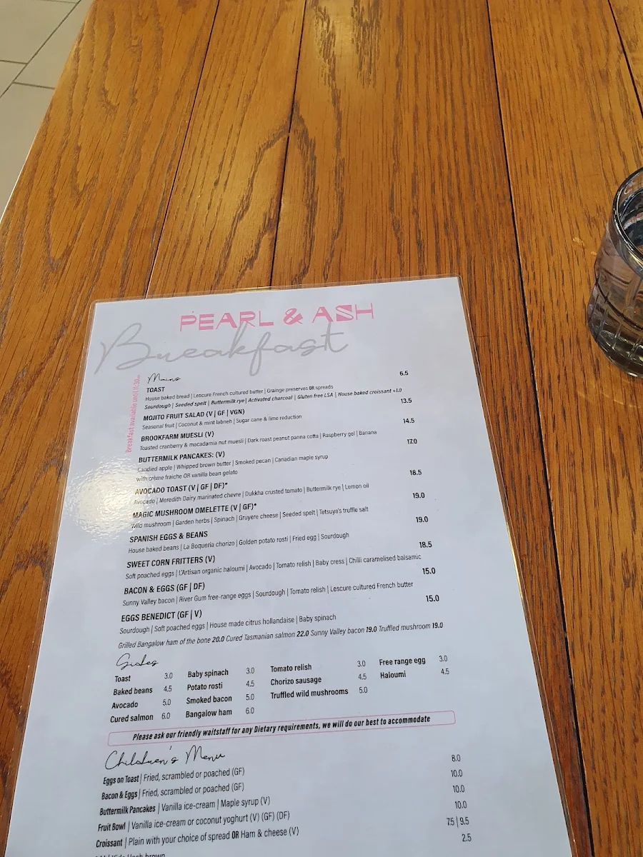 Menu, Pearl & Ash Cafe