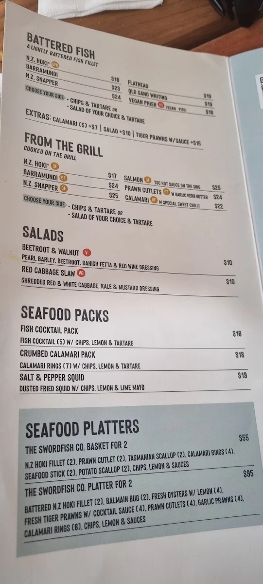 Menu, The Swordfish Co Budgewoi