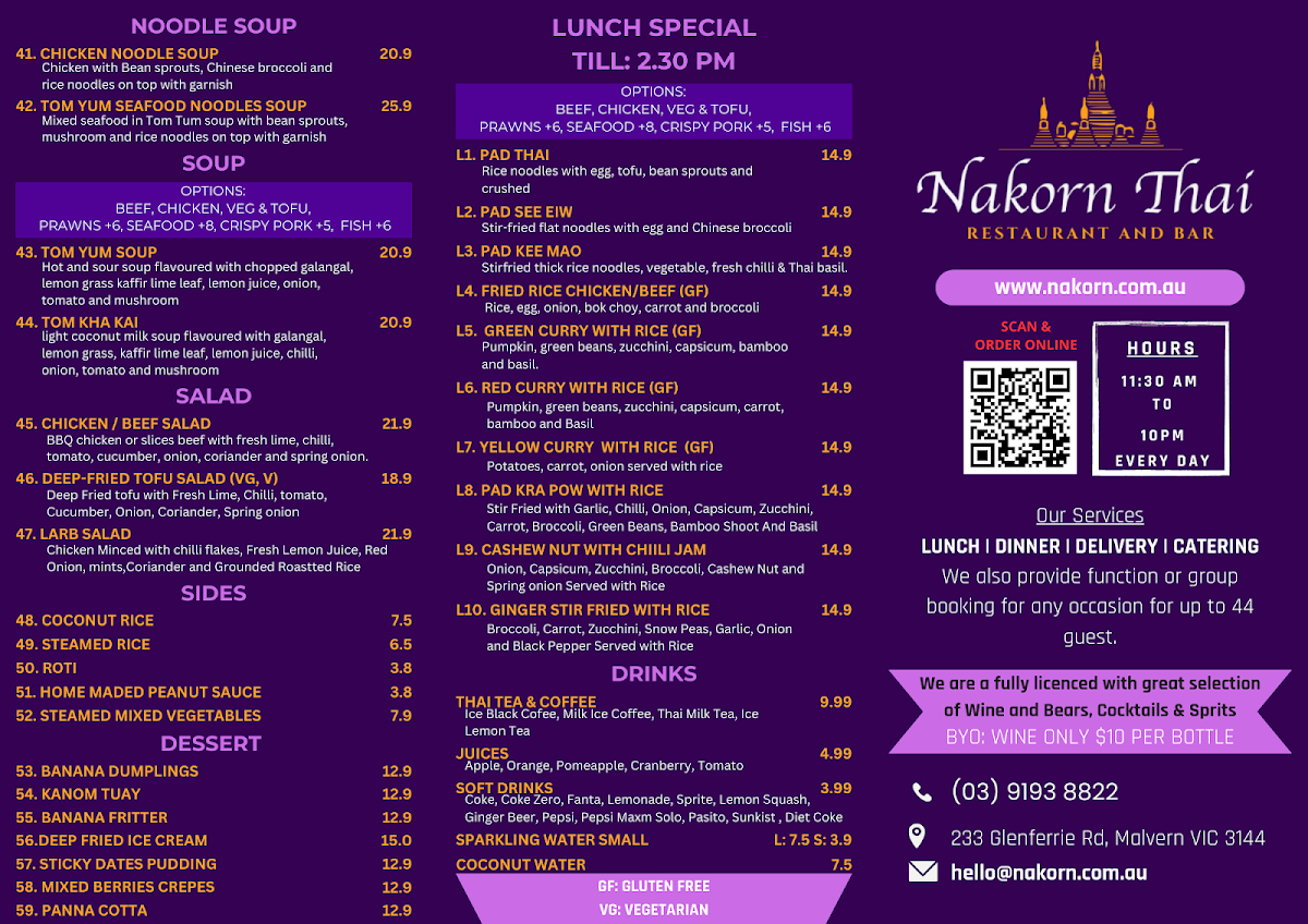 Menu, Nakorn Thai Restaurant & Bar
