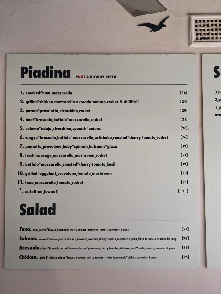 Menu, La Piadina (Bondi Beach) Est. 2008