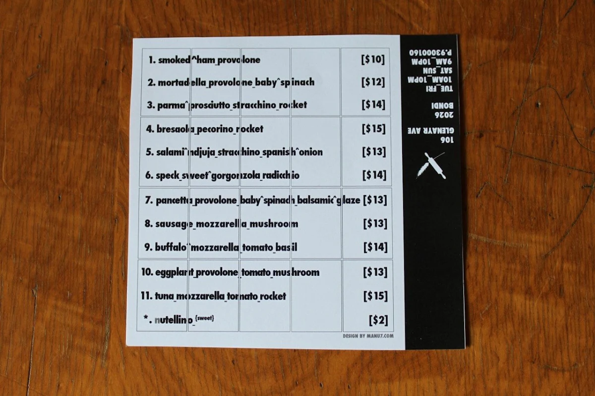 Menu, La Piadina (Bondi Beach) Est. 2008