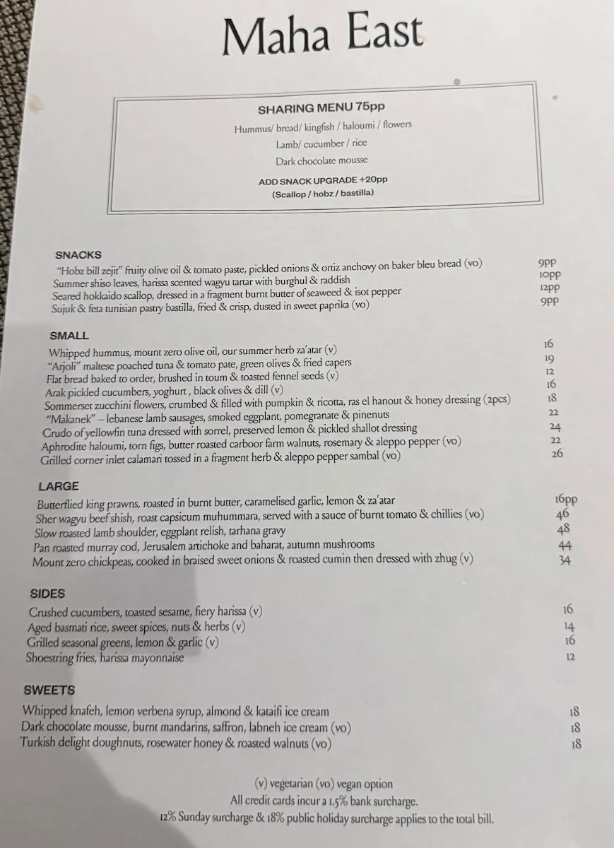 Menu, Maha East