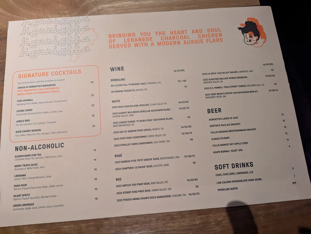 Menu, Henrietta Charcoal Chicken Parramatta
