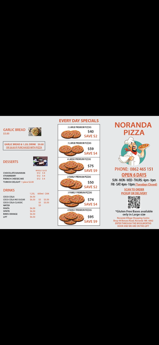 Menu, Noranda Pizza
