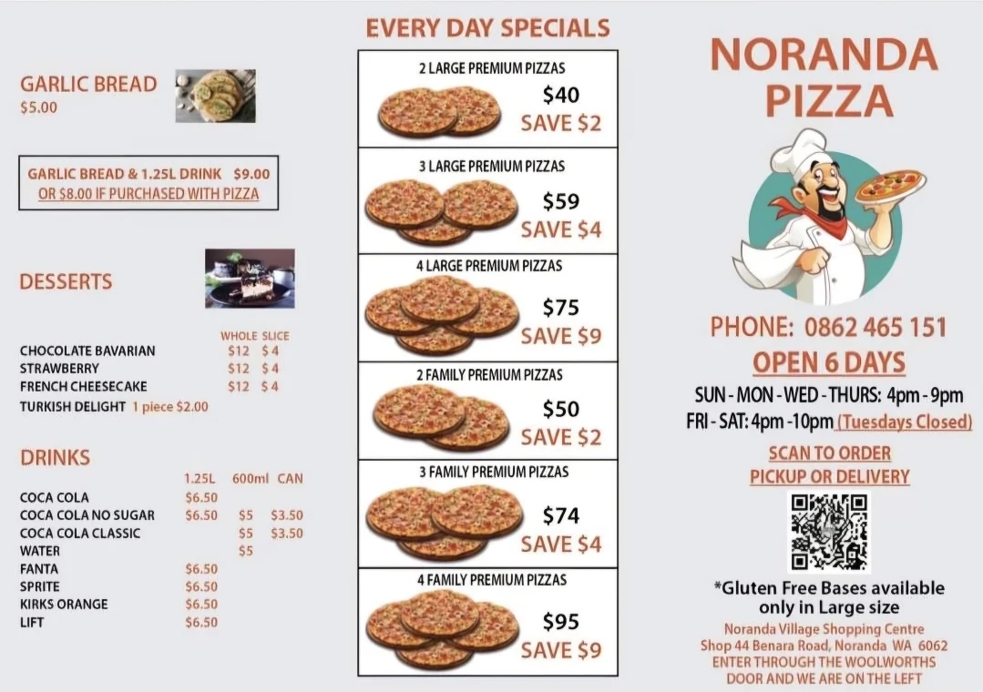 Menu, Noranda Pizza