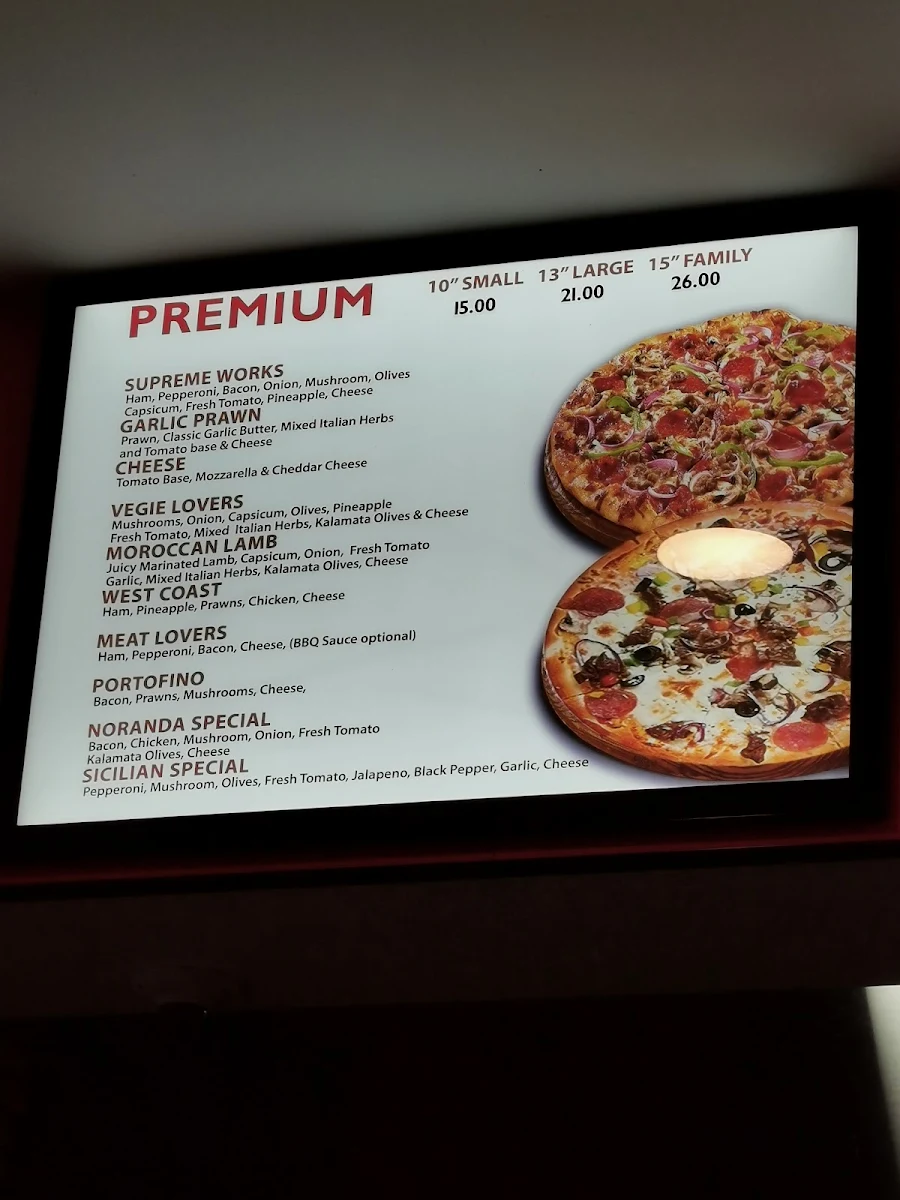 Menu, Noranda Pizza