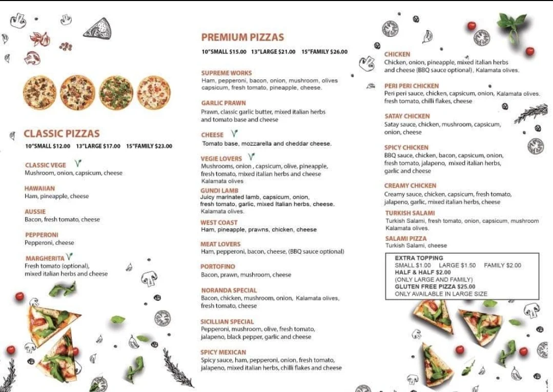 Menu, Noranda Pizza
