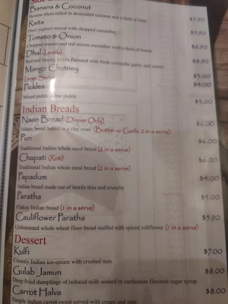 Menu, Taj Mahal Indian Restaurant