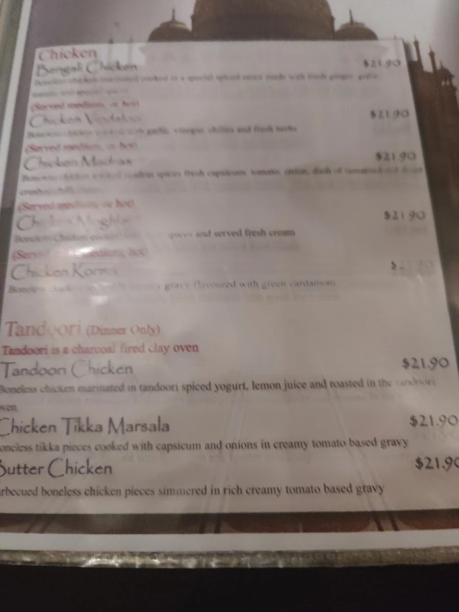 Menu, Taj Mahal Indian Restaurant