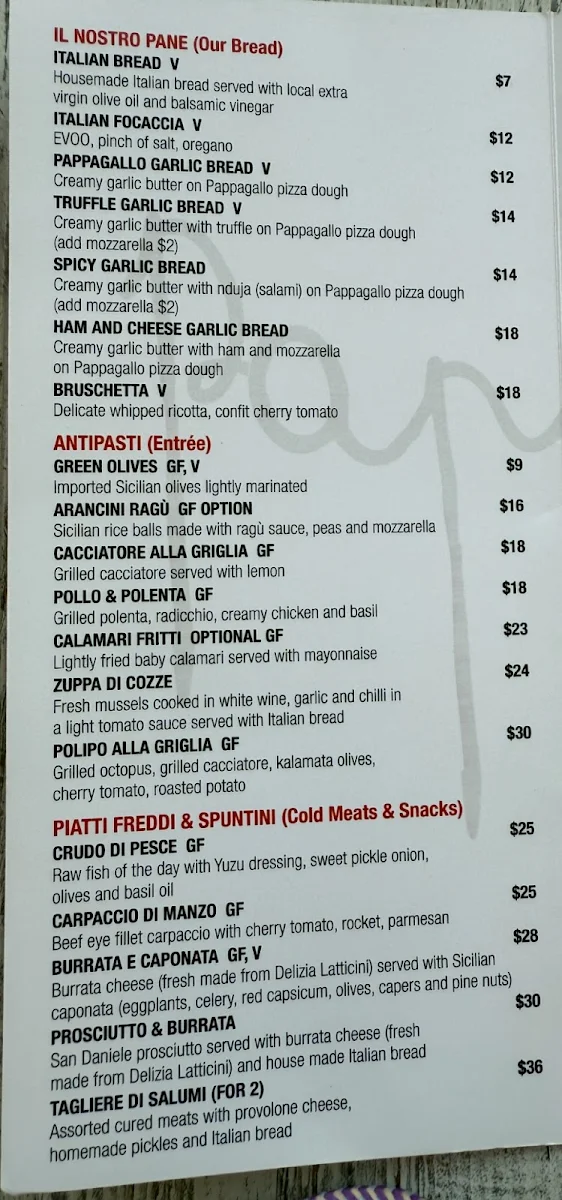 Menu, Pappagallo