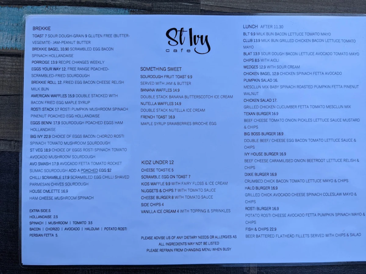 Menu, St Ivy Cafe