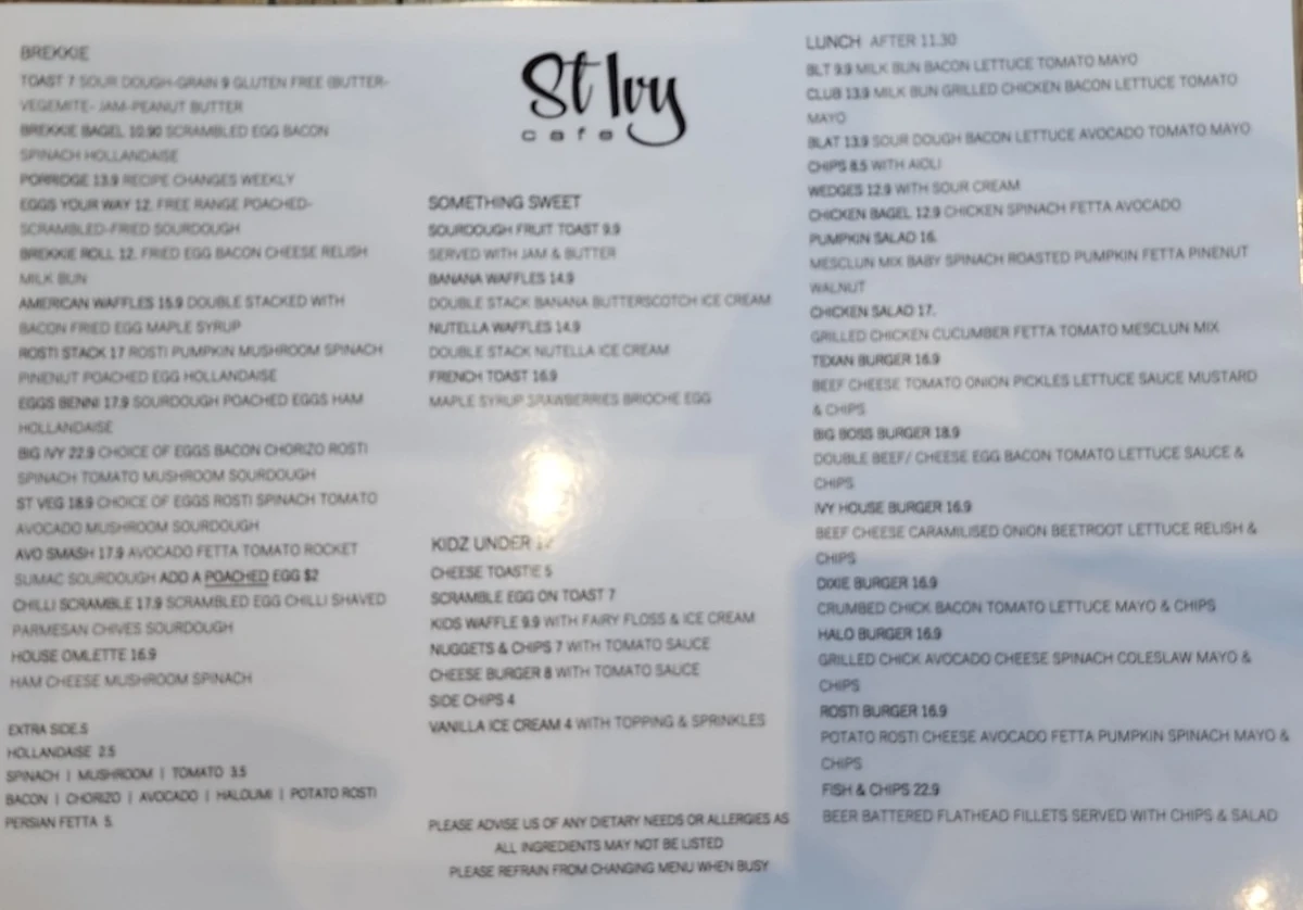 Menu, St Ivy Cafe