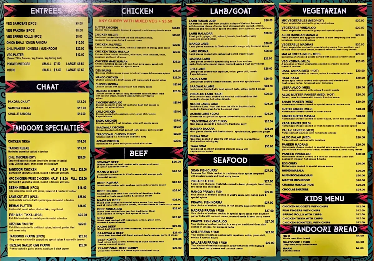 Menu, HEMANI Indian Restaurant Tahmoor