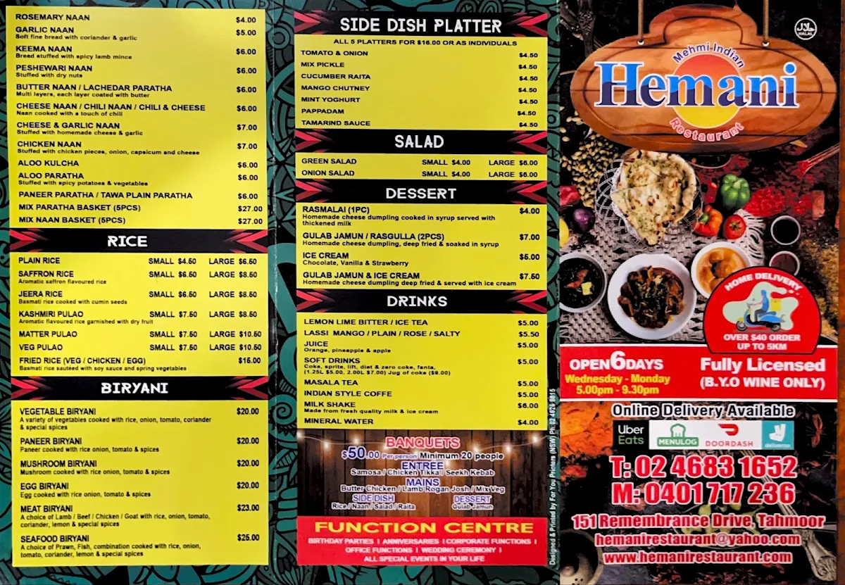 Menu, HEMANI Indian Restaurant Tahmoor