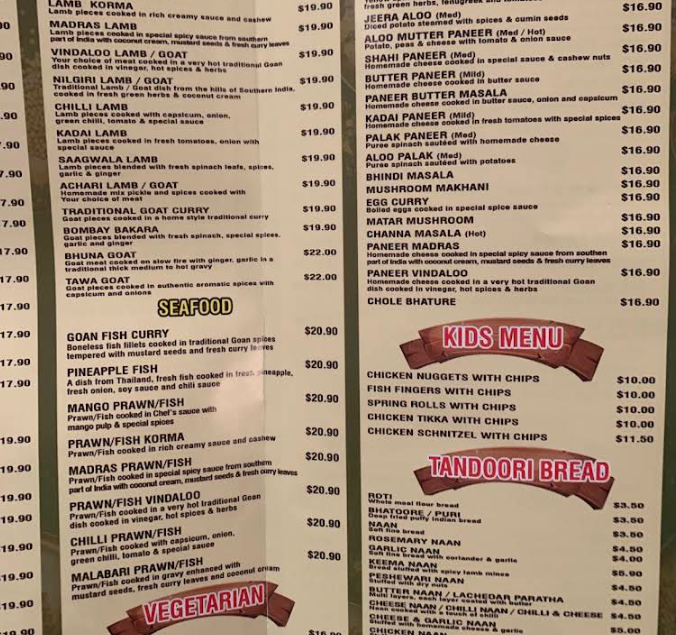 Menu, HEMANI Indian Restaurant Tahmoor