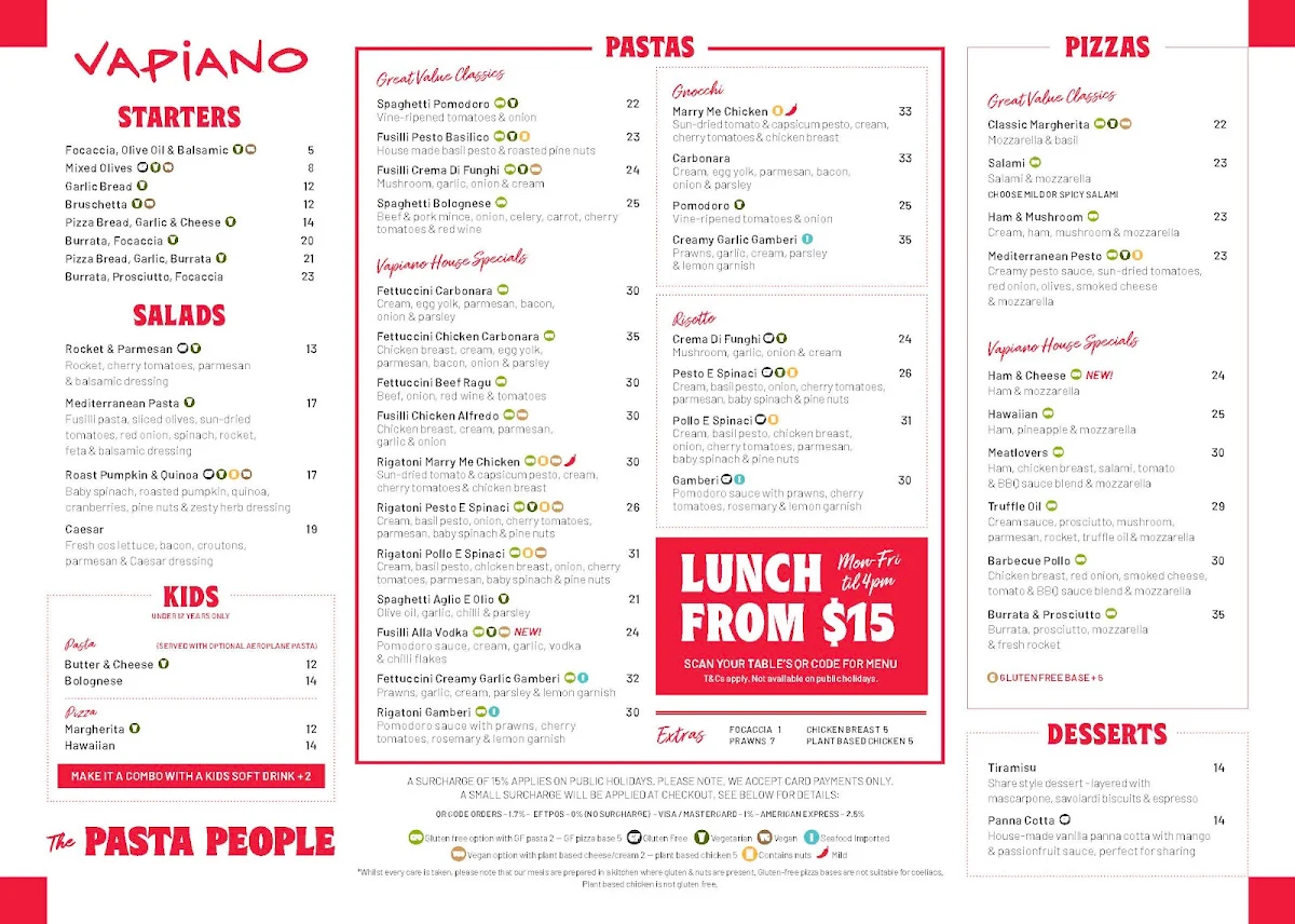 Menu, Vapiano Albert Lane