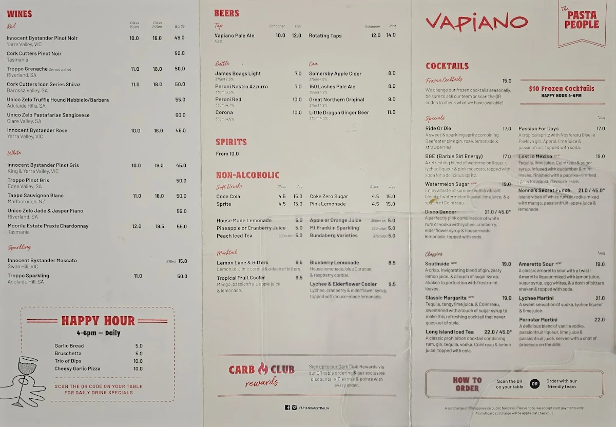 Menu, Vapiano Albert Lane