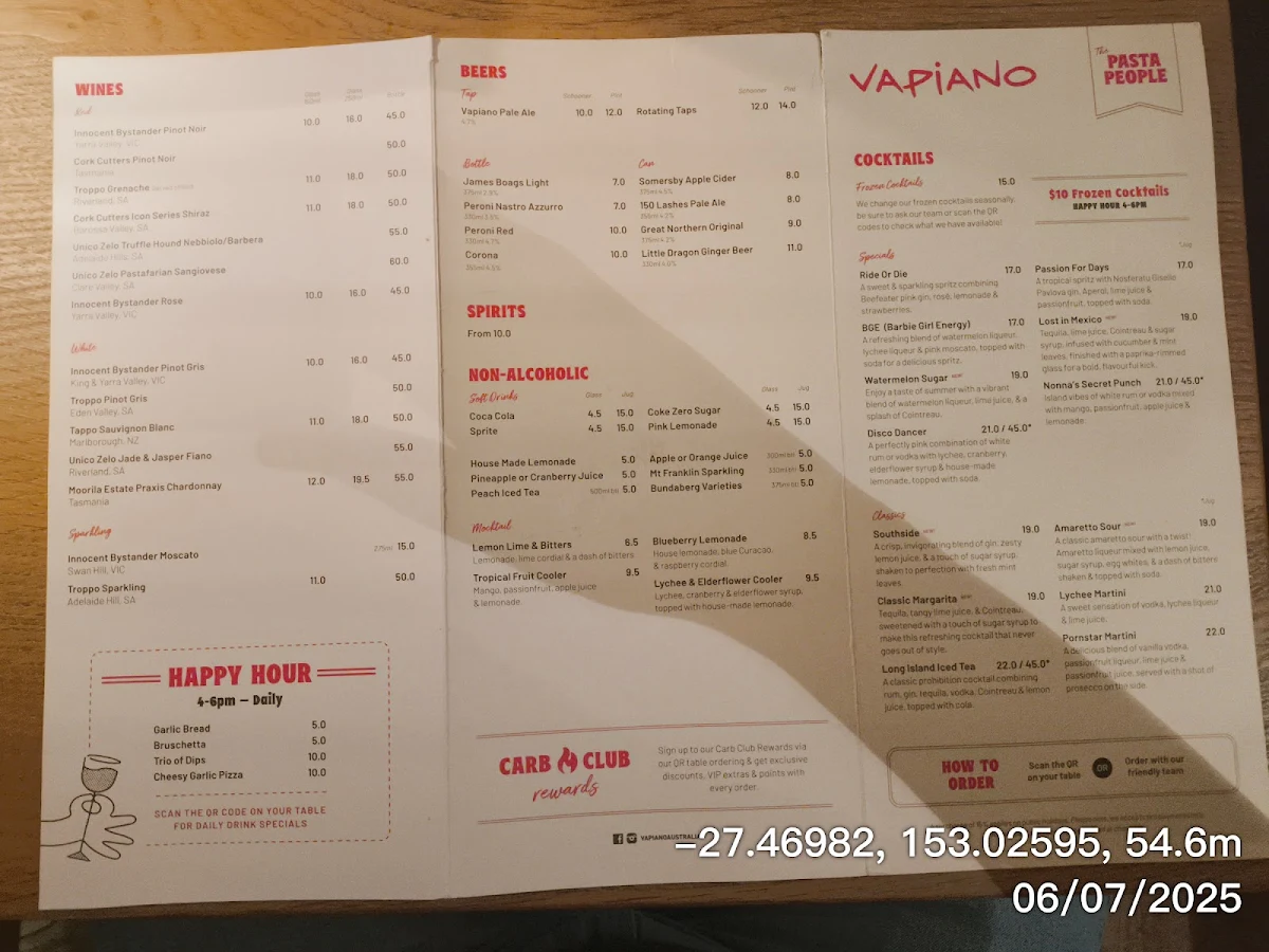 Menu, Vapiano Albert Lane