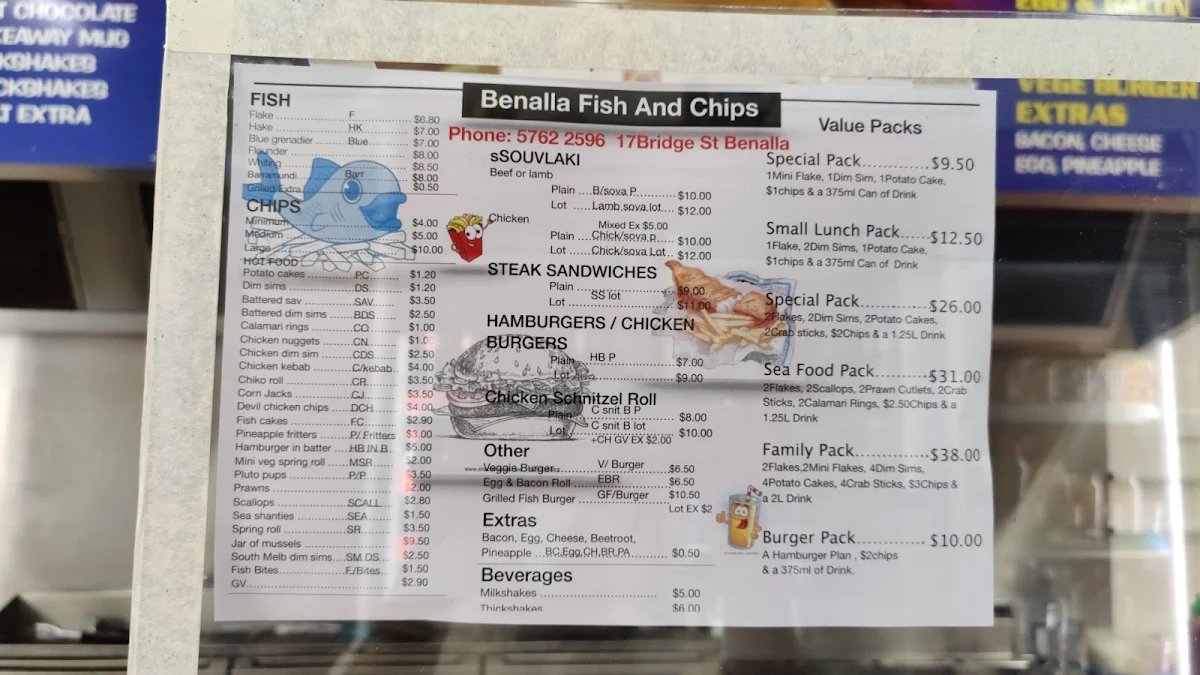 Menu, Benalla fish and chips
