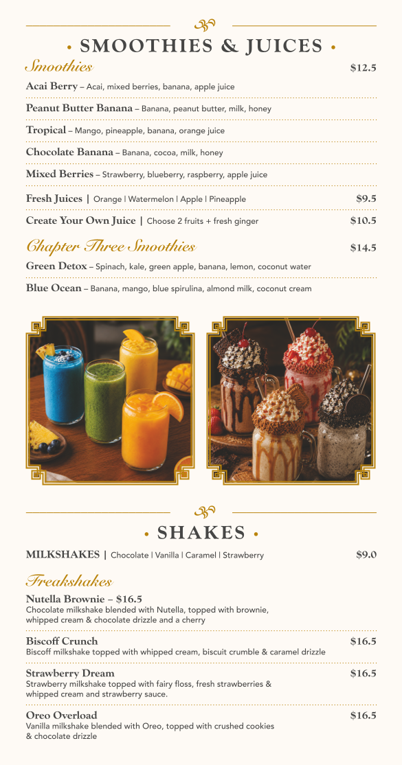 Menu, Chapter Three Espresso & Bar | Breakfast, Brunch, Dinner, Wine Bar & Function Space