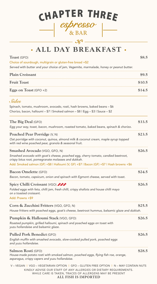 Menu, Chapter Three Espresso & Bar | Breakfast, Brunch, Dinner, Wine Bar & Function Space