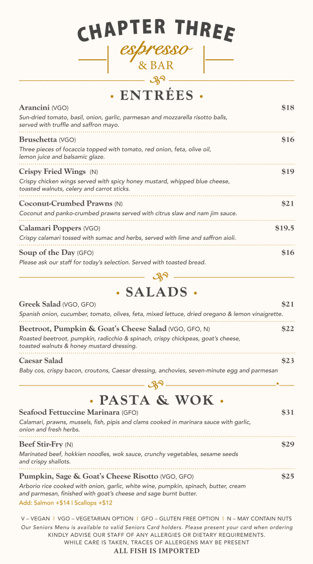 Menu, Chapter Three Espresso & Bar | Breakfast, Brunch, Dinner, Wine Bar & Function Space