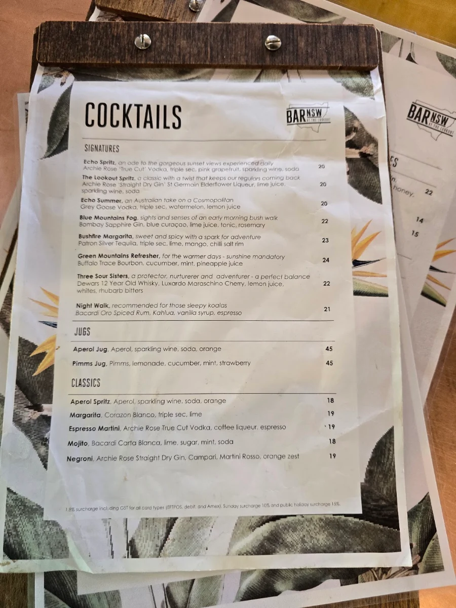 Menu, Bar NSW