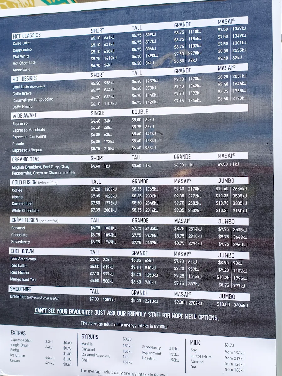 Menu, Zarraffa's Coffee Canning Vale