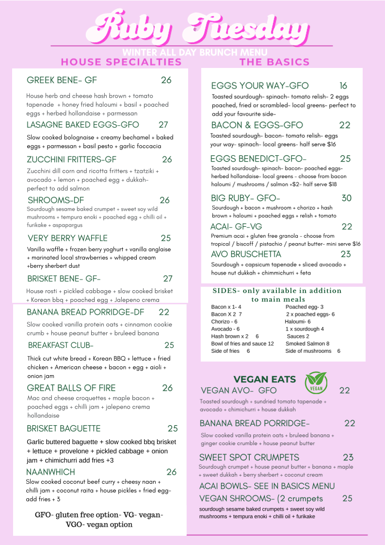 Menu, Ruby Tuesday Cafe