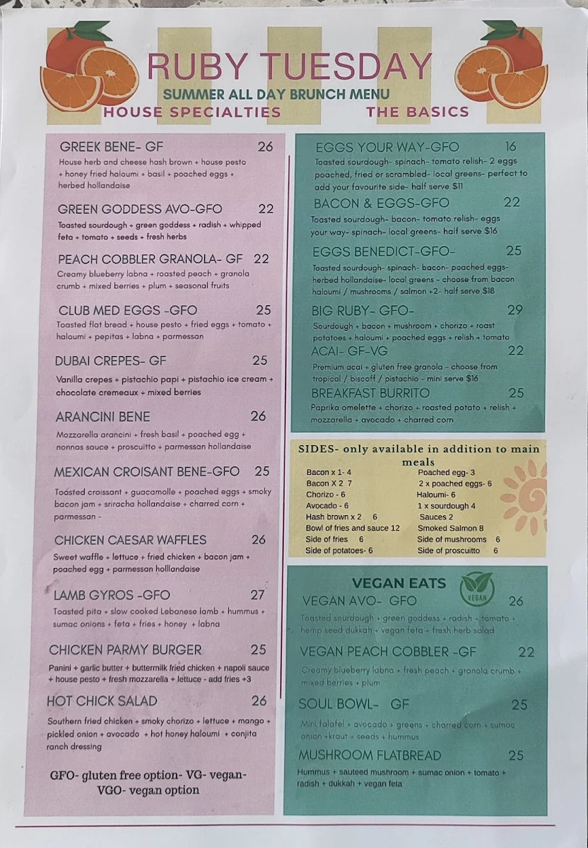 Menu, Ruby Tuesday Cafe