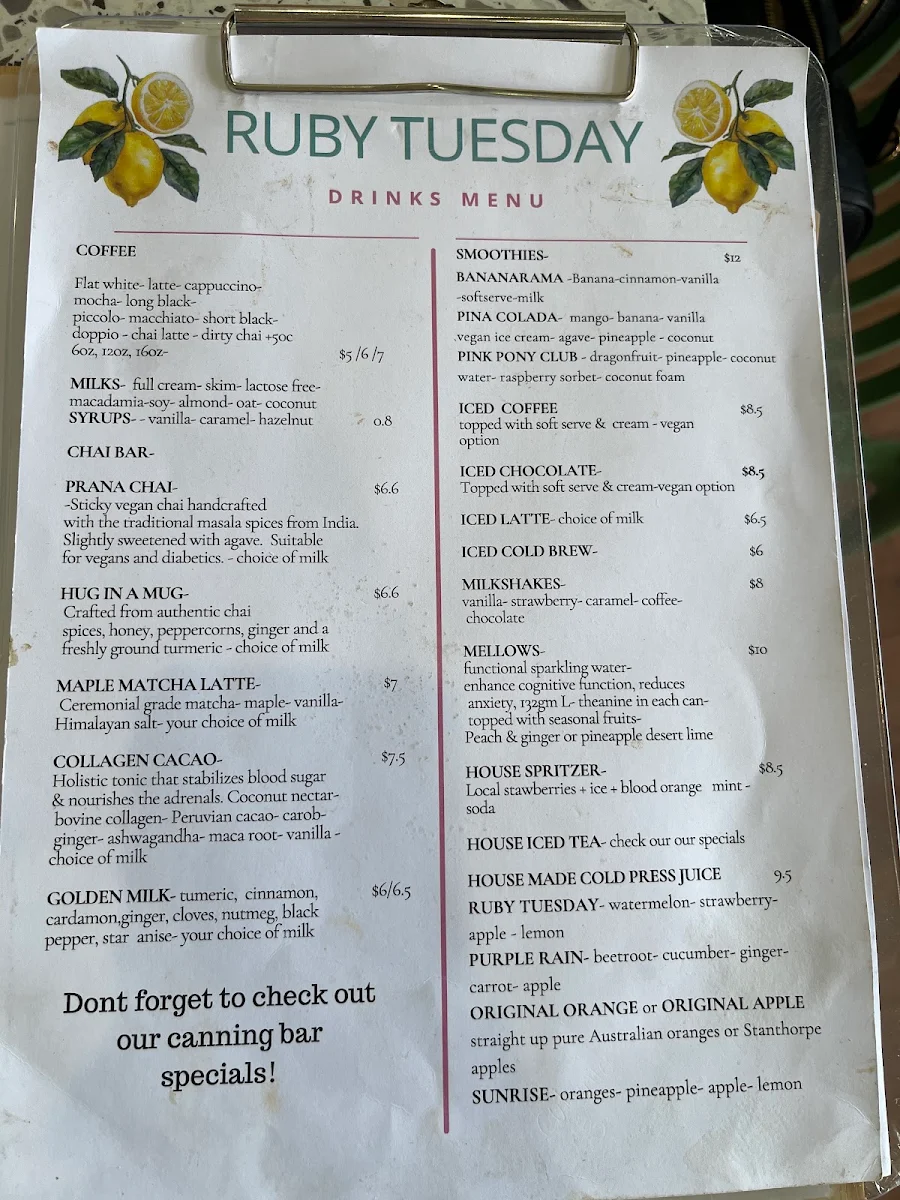 Menu, Ruby Tuesday Cafe