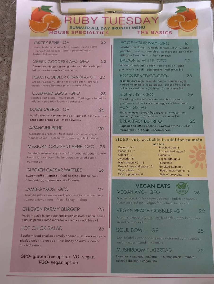 Menu, Ruby Tuesday Cafe