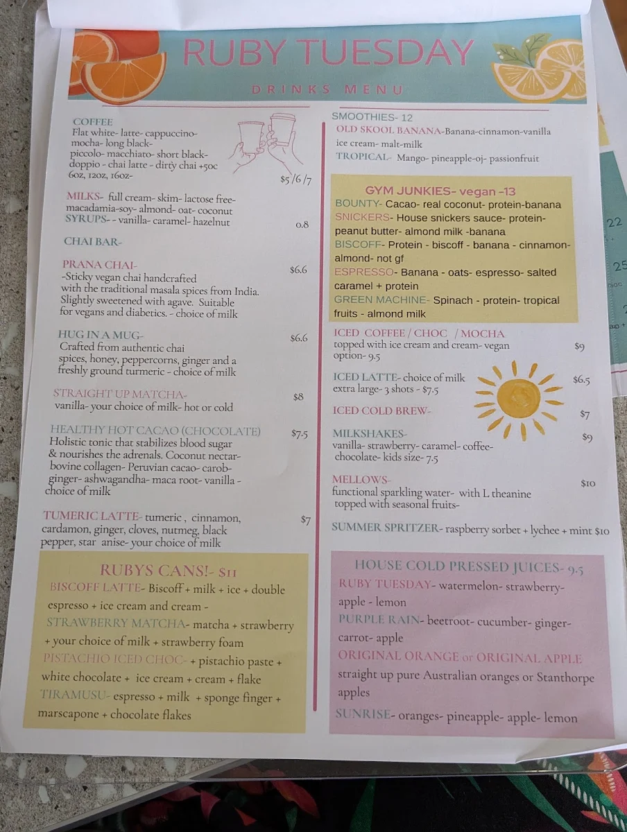 Menu, Ruby Tuesday Cafe