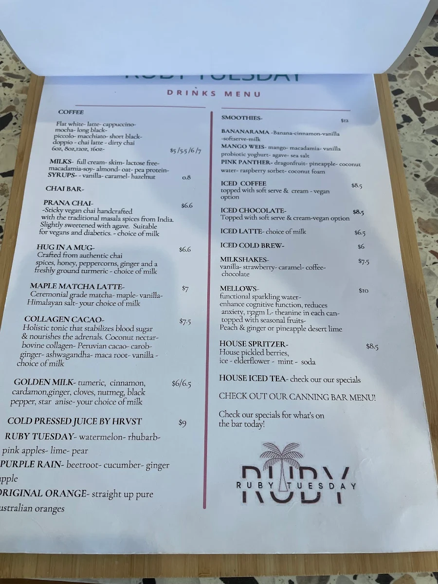 Menu, Ruby Tuesday Cafe