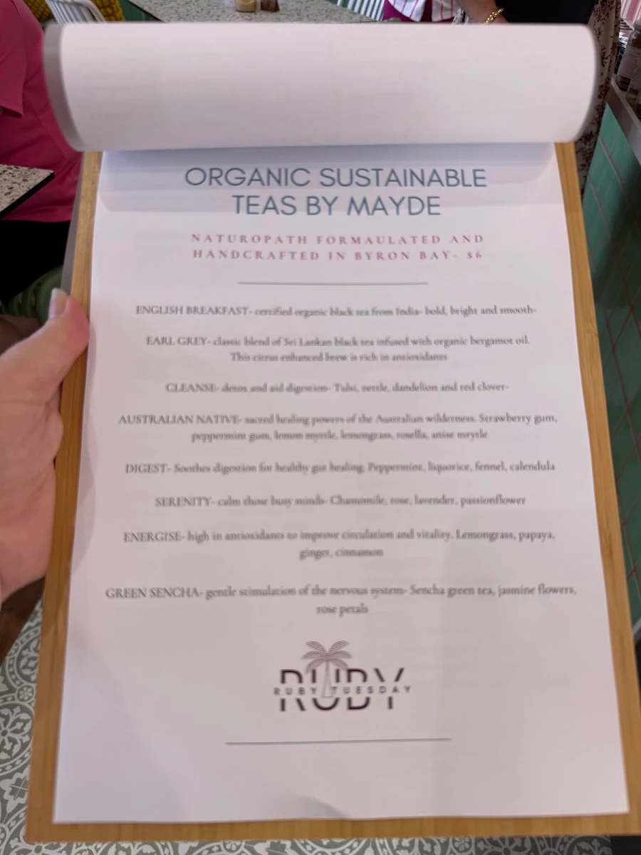 Menu, Ruby Tuesday Cafe