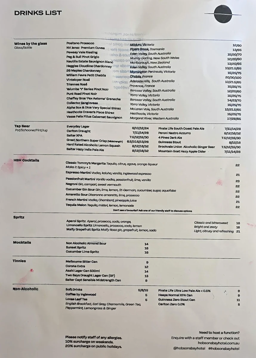 Menu, Hobson's Bay Hotel
