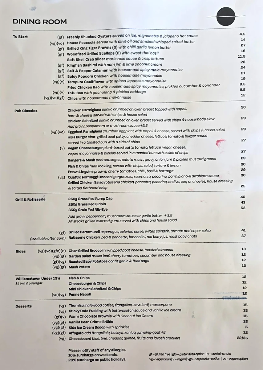 Menu, Hobson's Bay Hotel