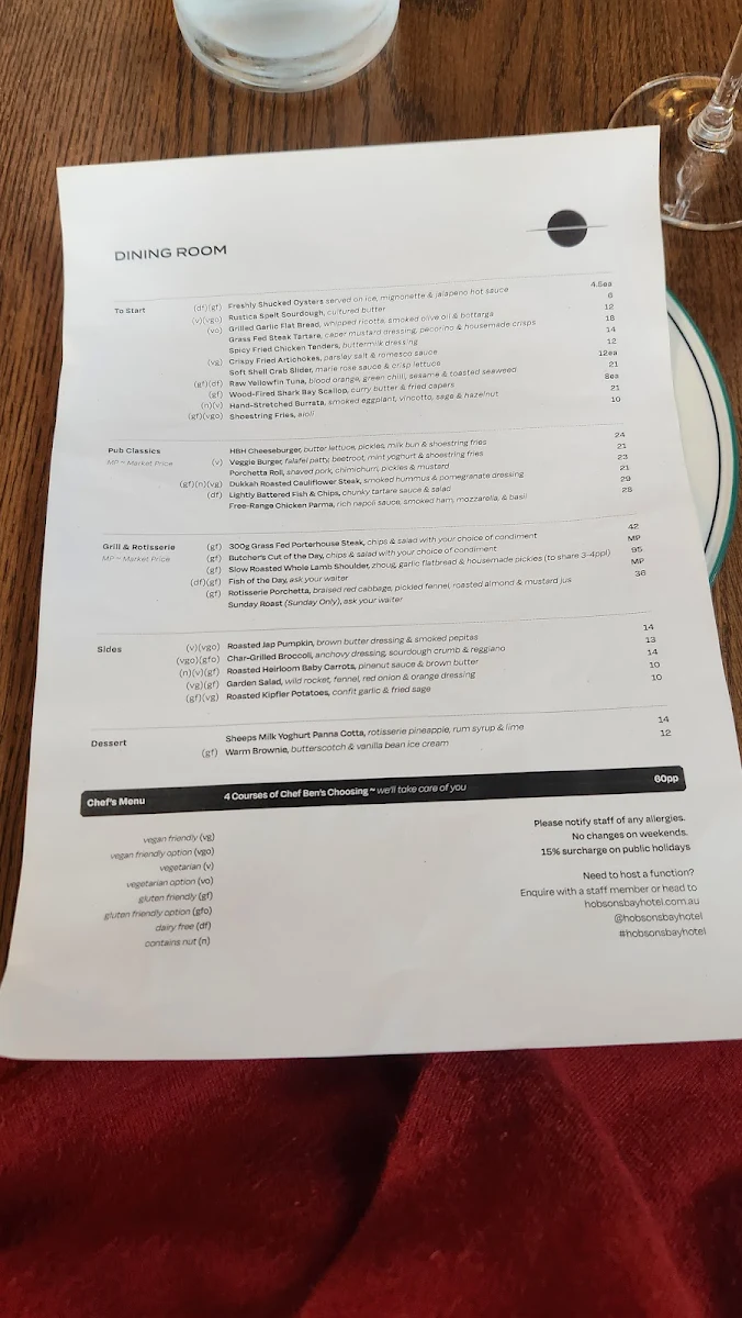 Menu, Hobson's Bay Hotel