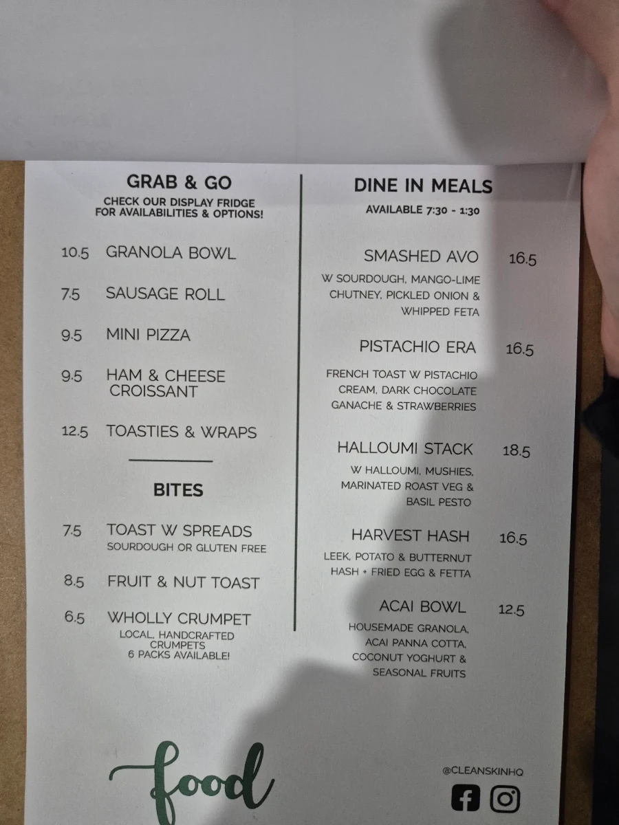 Menu, Cleanskin Coffee Co