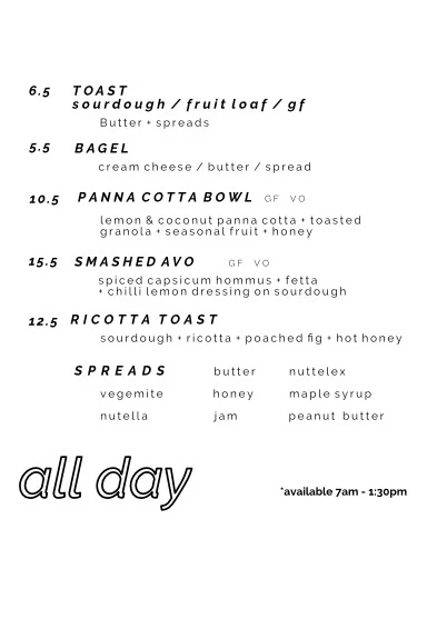 Menu, Cleanskin Coffee Co