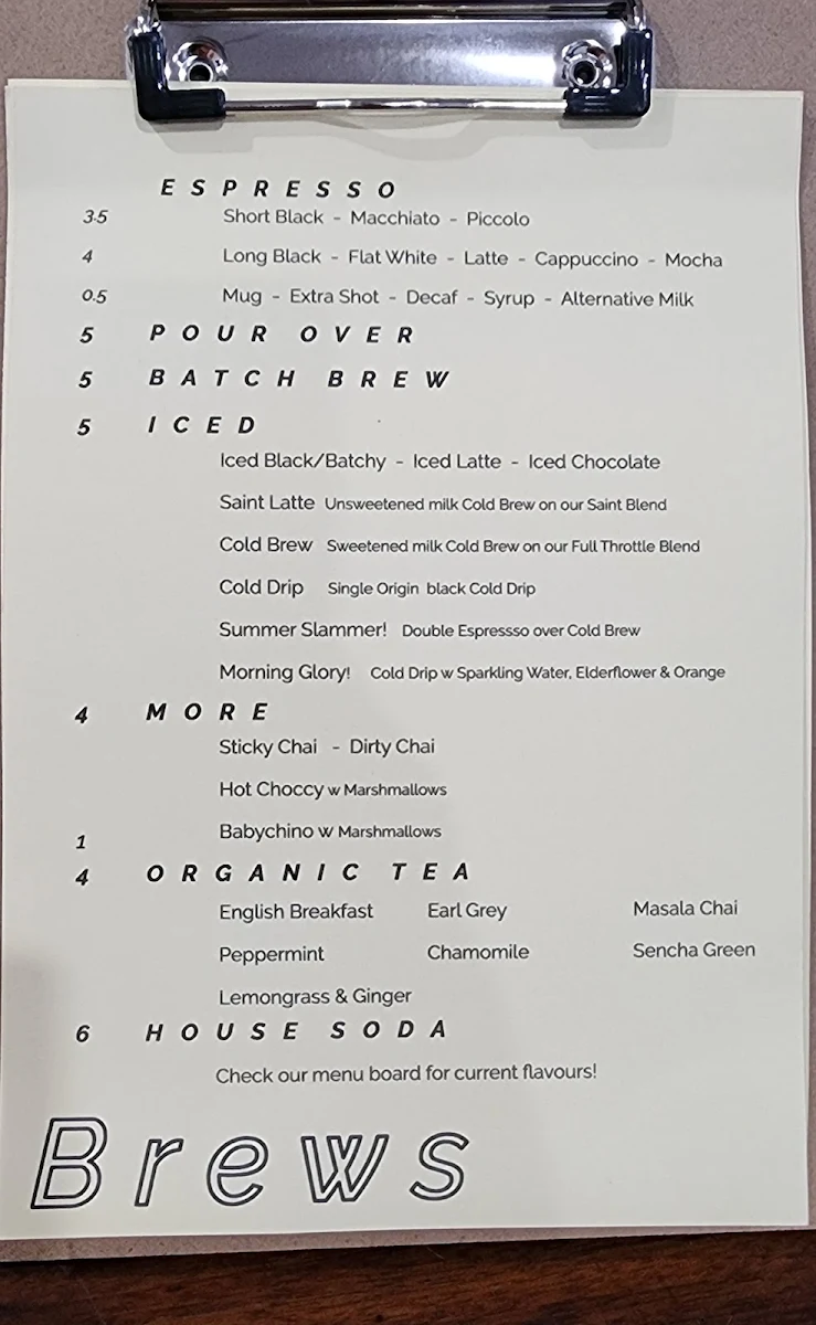 Menu, Cleanskin Coffee Co